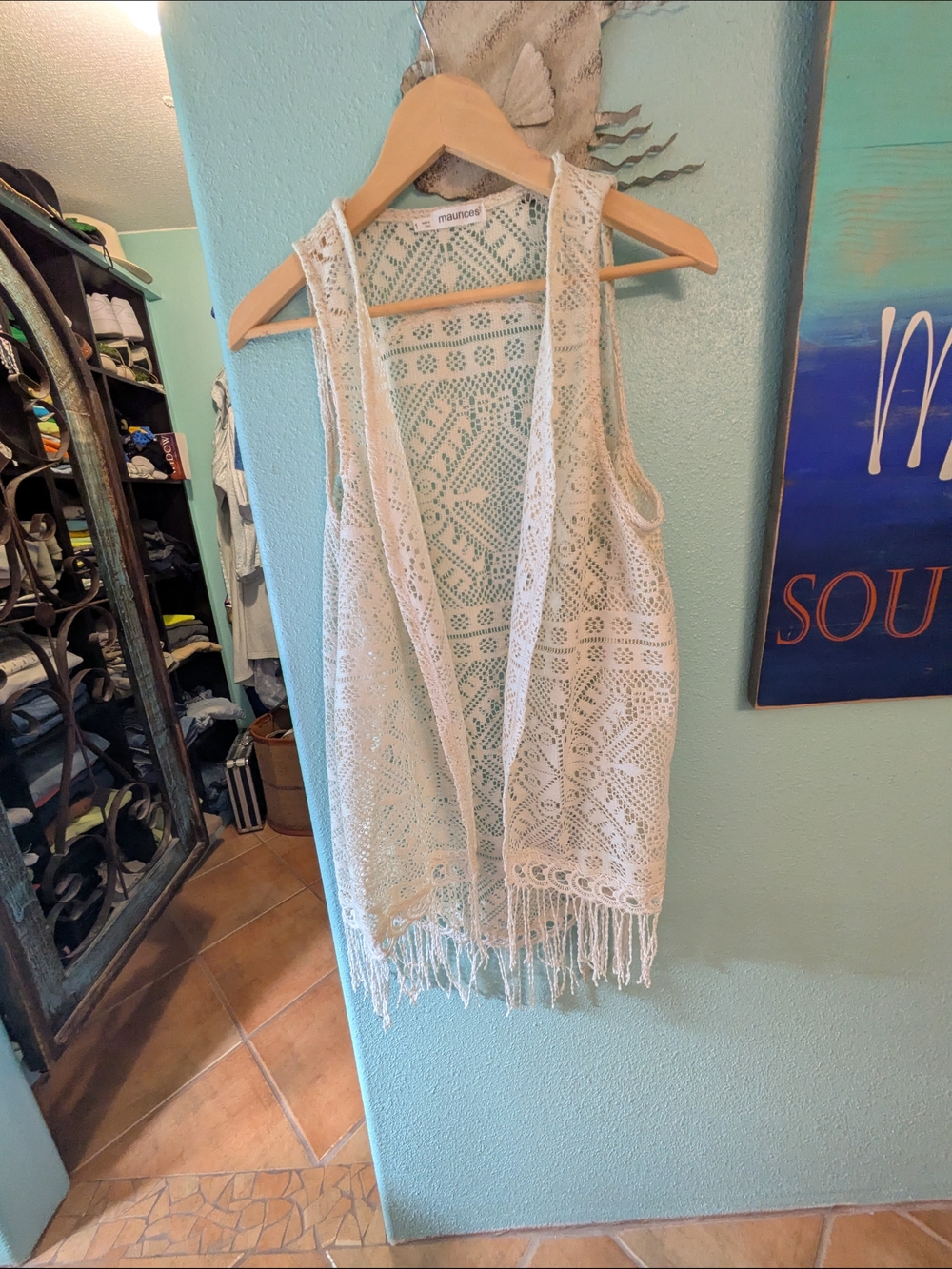 Maurices Cream Crochet Fringe Vest